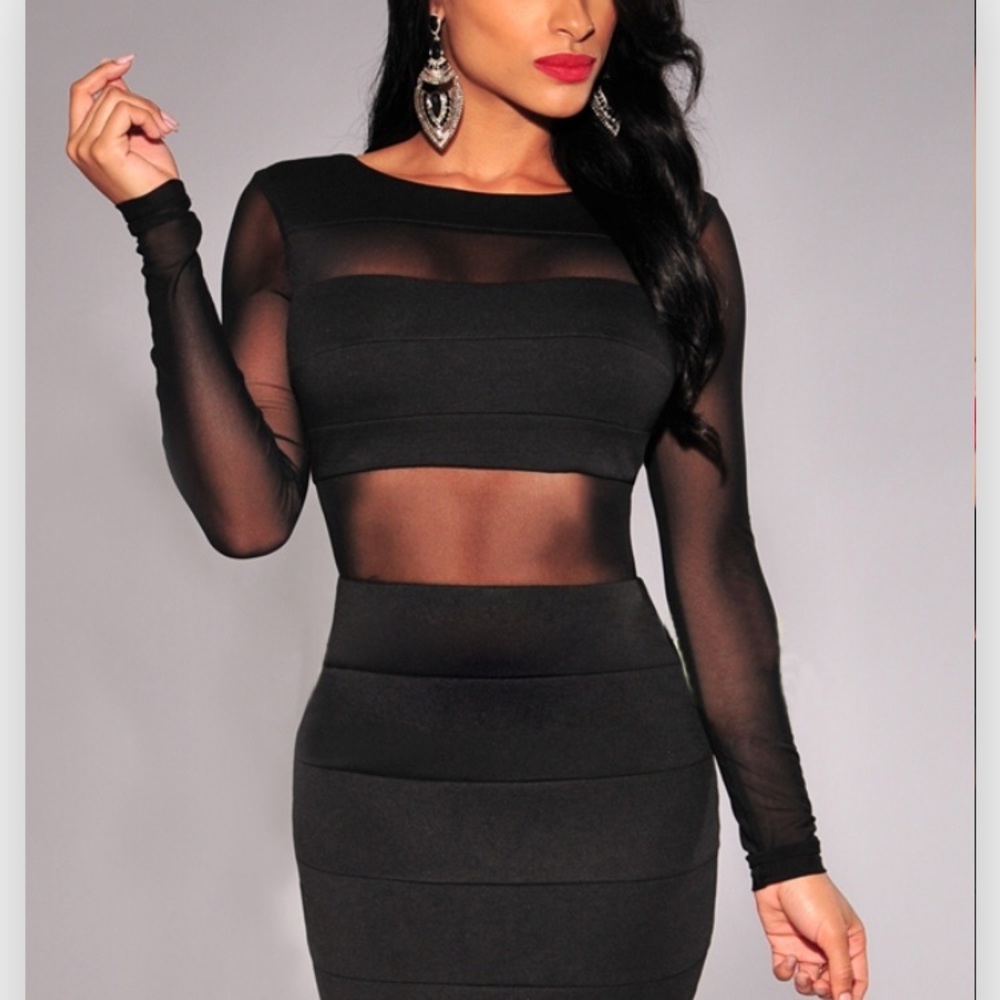 Black Bodycon Dress with Mesh Panels
